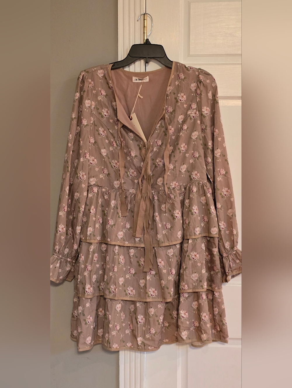Tiered Floral Long-Sleeve Dress in Taupe with Pink Blossoms